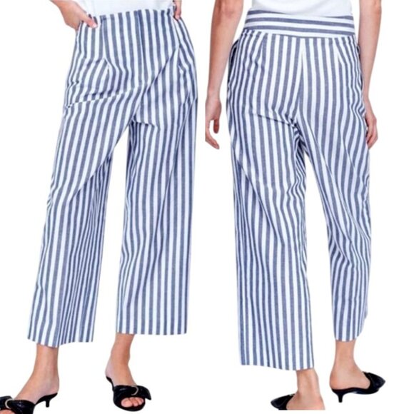Zara Pants - ZARA Women's Blue White Striped Wide Leg Pleated Cropped Pants Size Large